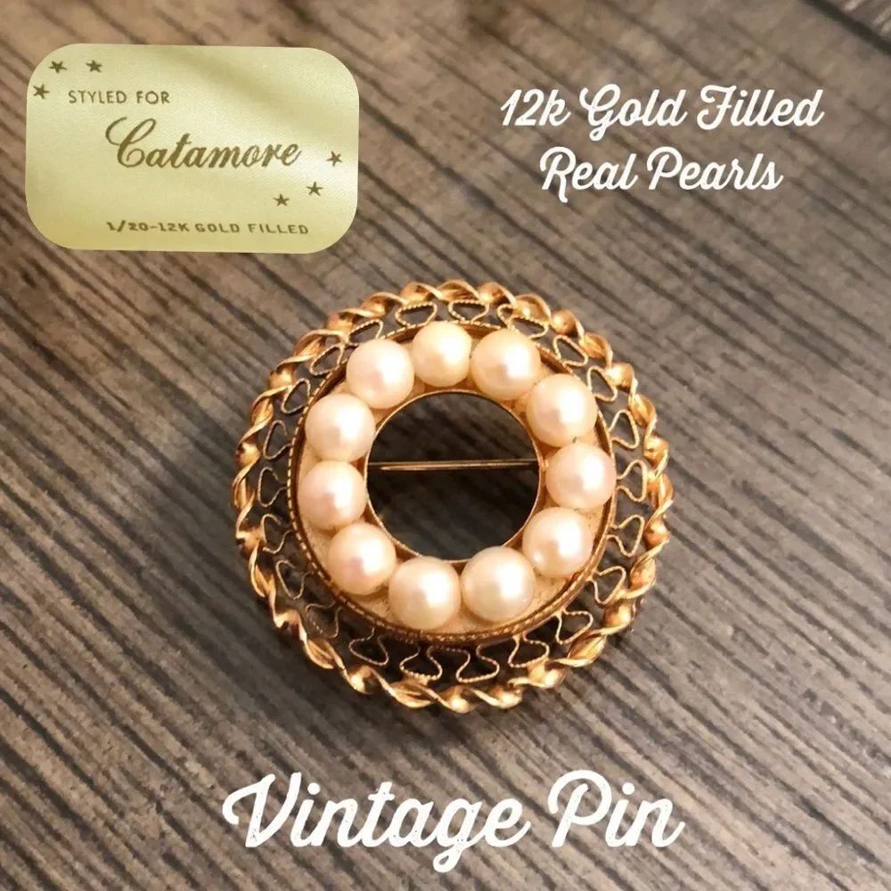 Vintage 12k Gold Filled, Real Pearl Filigree Circle Pin